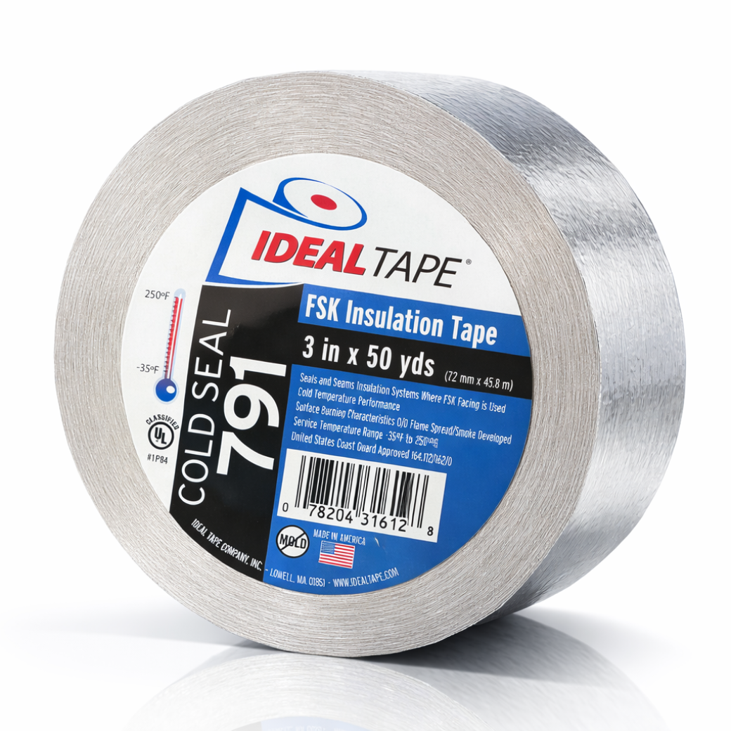 IDEAL TAPE - COLD SEAL 791 - COLD SEAL FSK (FOIL/SCRIM/KRAFT) MESH FOIL/INSULATION TAPE - 3" x 50yds - THICKNESS=6/0.15 (mils/mm), ADHESION=100/27 (oz/in-N/25mm), TENSILE STRENGTH=35/153 (lbs/in-N/25mm) UL 723 RATED, COLD SEAL/ACRYLIC GLUE
