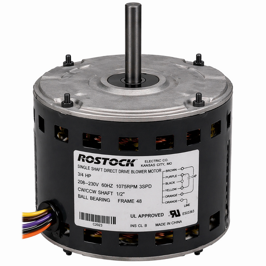 ROSTOCK - SINGLE SHAFT DIRECT DRIVE BLOWER MOTOR (5) 3/4 HP 208-230V 60HZ 1075RPM 3SPD CW/CCW SHAFT 1/2" BALL BEARING FRAME 48 UL APPROVED