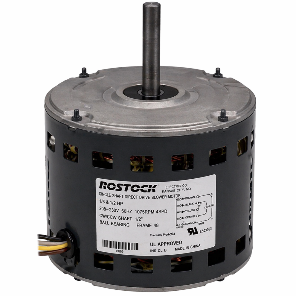 ROSTOCK - SINGLE SHAFT DIRECT DRIVE BLOWER MOTOR (1) 1/6&1/2 HP 208-230V 60HZ 1075RPM 4SPD CW/CCW SHAFT 1/2" BALL BEARING FRAME 48 UL APPROVED