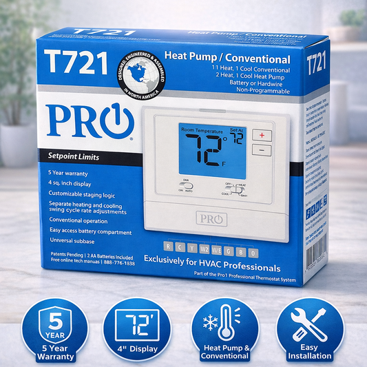 PRO1 - THERMOSTAT HEAT PUMP/CONVENTIONAL 1 HEAT, 1 COOL CONVENTIONAL OR 2 HEAT, 1 COOL HEAT PUMP BATTERY OR HARDWIRE, NON-PROGRAMMABLE