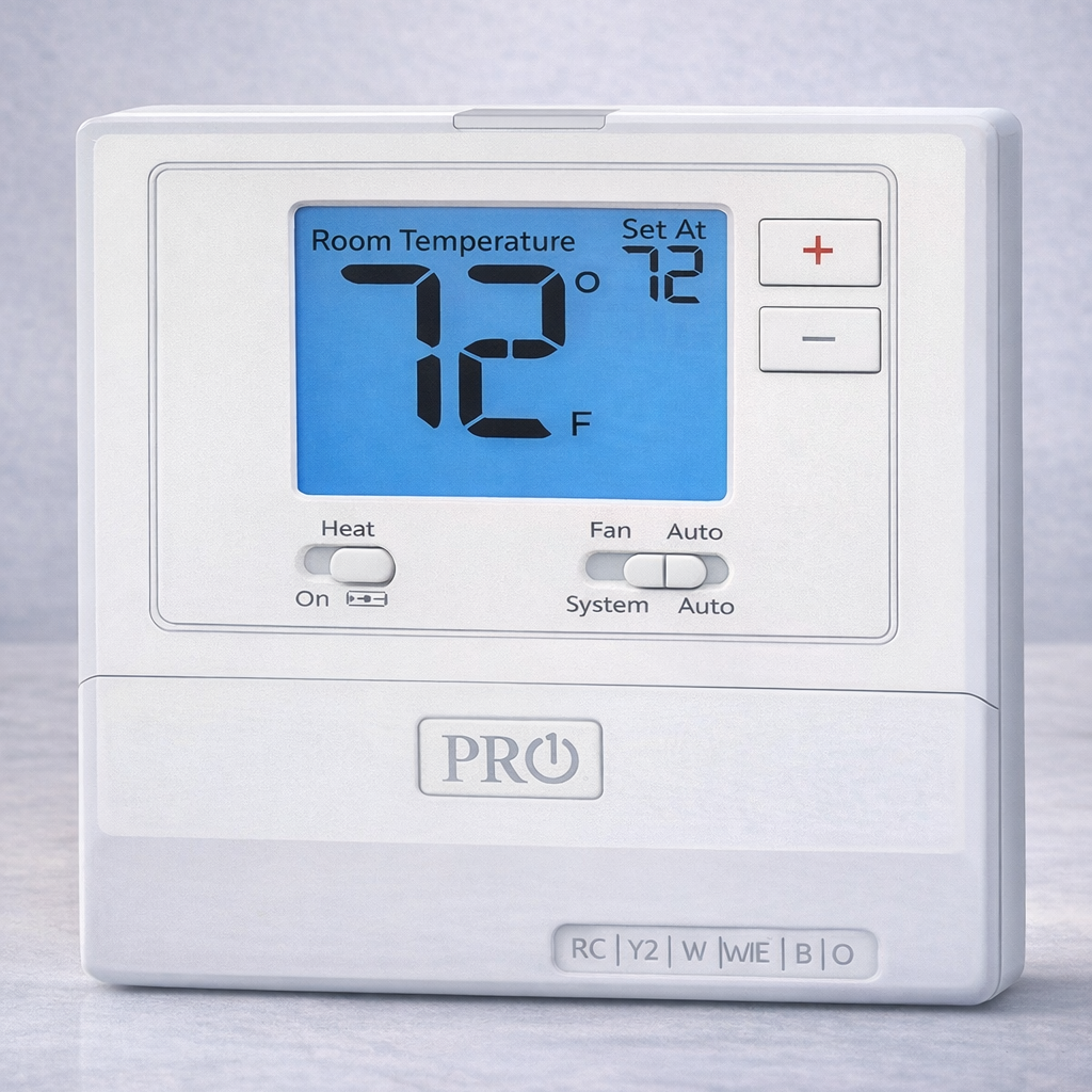 PRO1 - THERMOSTAT HEAT PUMP/CONVENTIONAL 1 HEAT, 1 COOL CONVENTIONAL OR 2 HEAT, 1 COOL HEAT PUMP BATTERY OR HARDWIRE, NON-PROGRAMMABLE