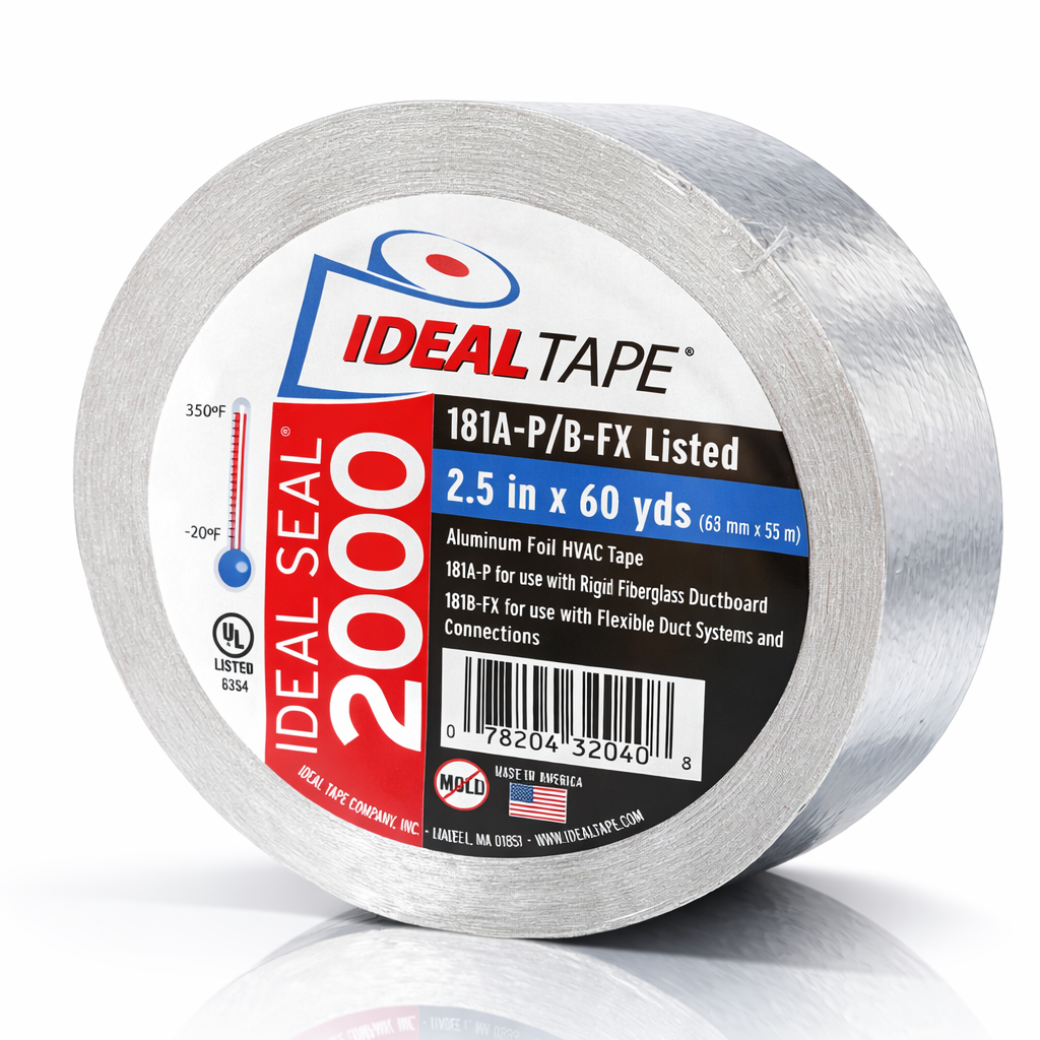 IDEAL TAPE - IDEAL SEAL 2000 - PROFESSIONAL GRADE ALUMINUM FOIL TAPE - 2.5" x 60yds - THICKNESS=4.3/0.11 (mils/mm), ADHESION=60/16 (oz/in-N/25mm), TENSILE STRENGTH=25/109 (lbs/in-N/25mm) UL 181A-P and UL181B-FX LISTED, ACRYLIC GLUE