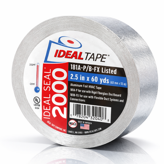 IDEAL TAPE - IDEAL SEAL 2000 - PROFESSIONAL GRADE ALUMINUM FOIL TAPE - 2.5" x 60yds - THICKNESS=4.3/0.11 (mils/mm), ADHESION=60/16 (oz/in-N/25mm), TENSILE STRENGTH=25/109 (lbs/in-N/25mm) UL 181A-P and UL181B-FX LISTED, ACRYLIC GLUE